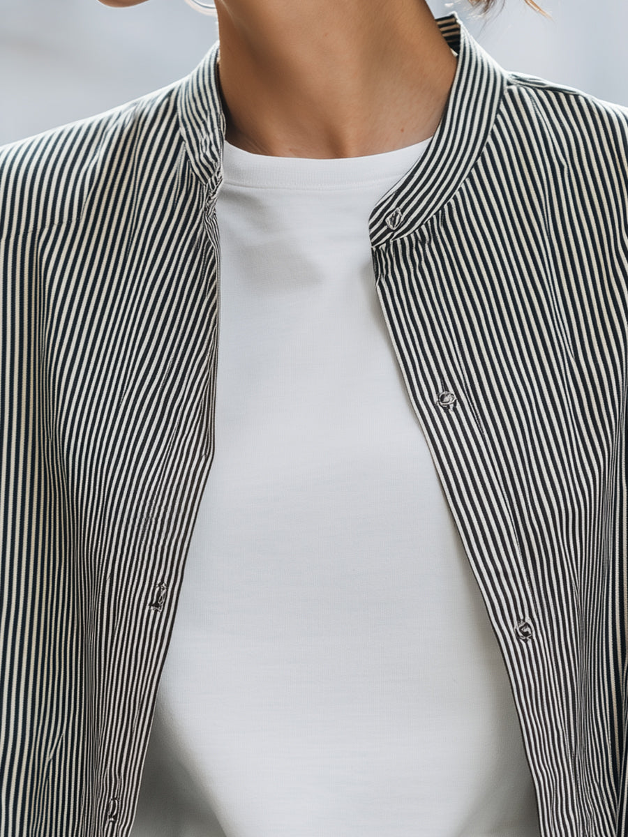 Striped Stand-Collar Shirt And Long-Sleeve T-Shirt Two-Piece Set