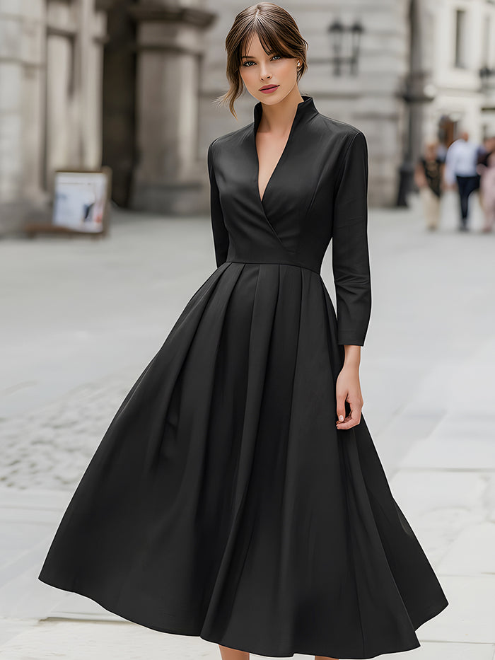 Black Wrap-Style V-Neck Midi Dress
