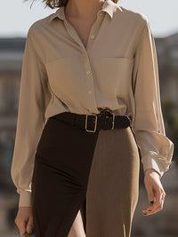 Two-tone High-slit Belted Maxi Skirt And Shirt Set