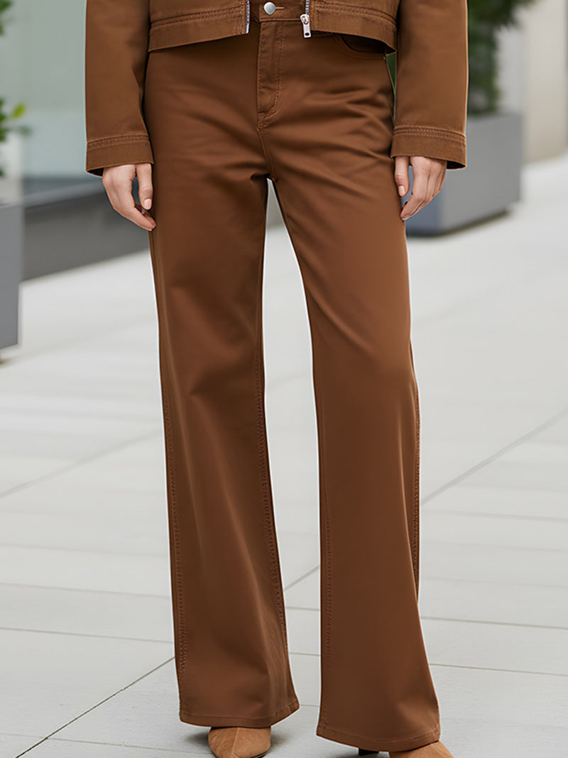 Brown Shearling-Collared Zip-Up Jacket With Wide-Leg Pants