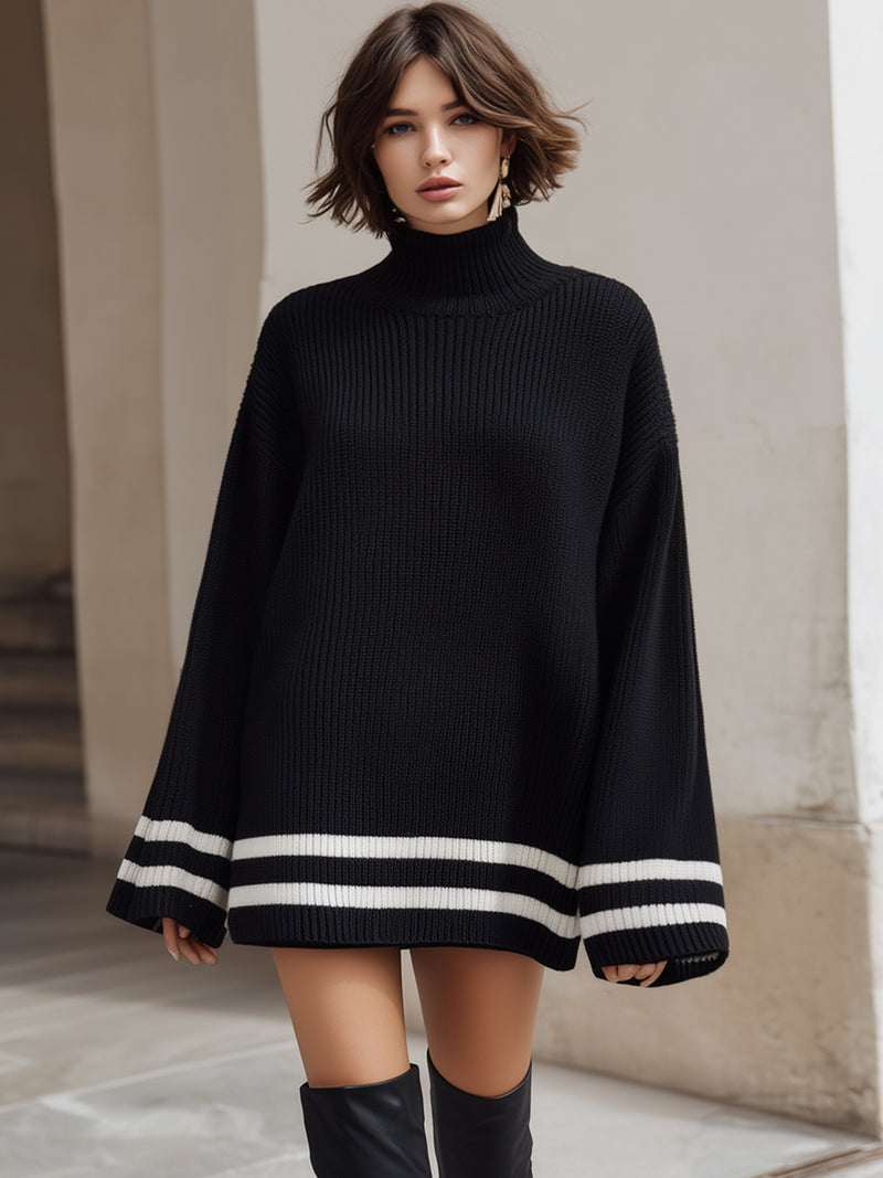 Oversized Ribbed Turtleneck Sweater With Contrast Striped Hem