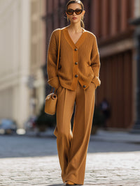 Caramel Ribbed Knit Cardigan And Wide-Leg Pants Set