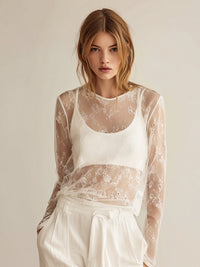Sheer Floral Lace Long-Sleeve Top