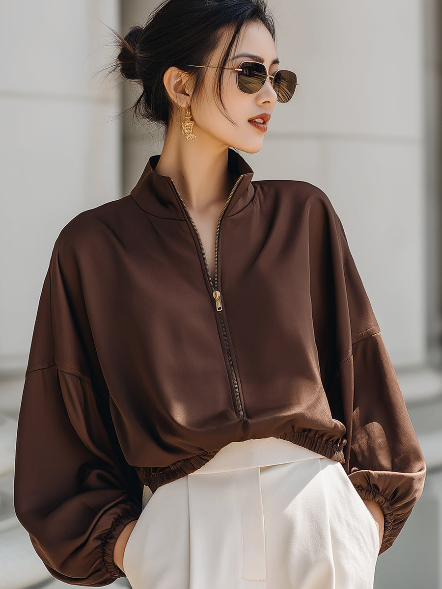 Thick Satin Zip-up Casual Jacket