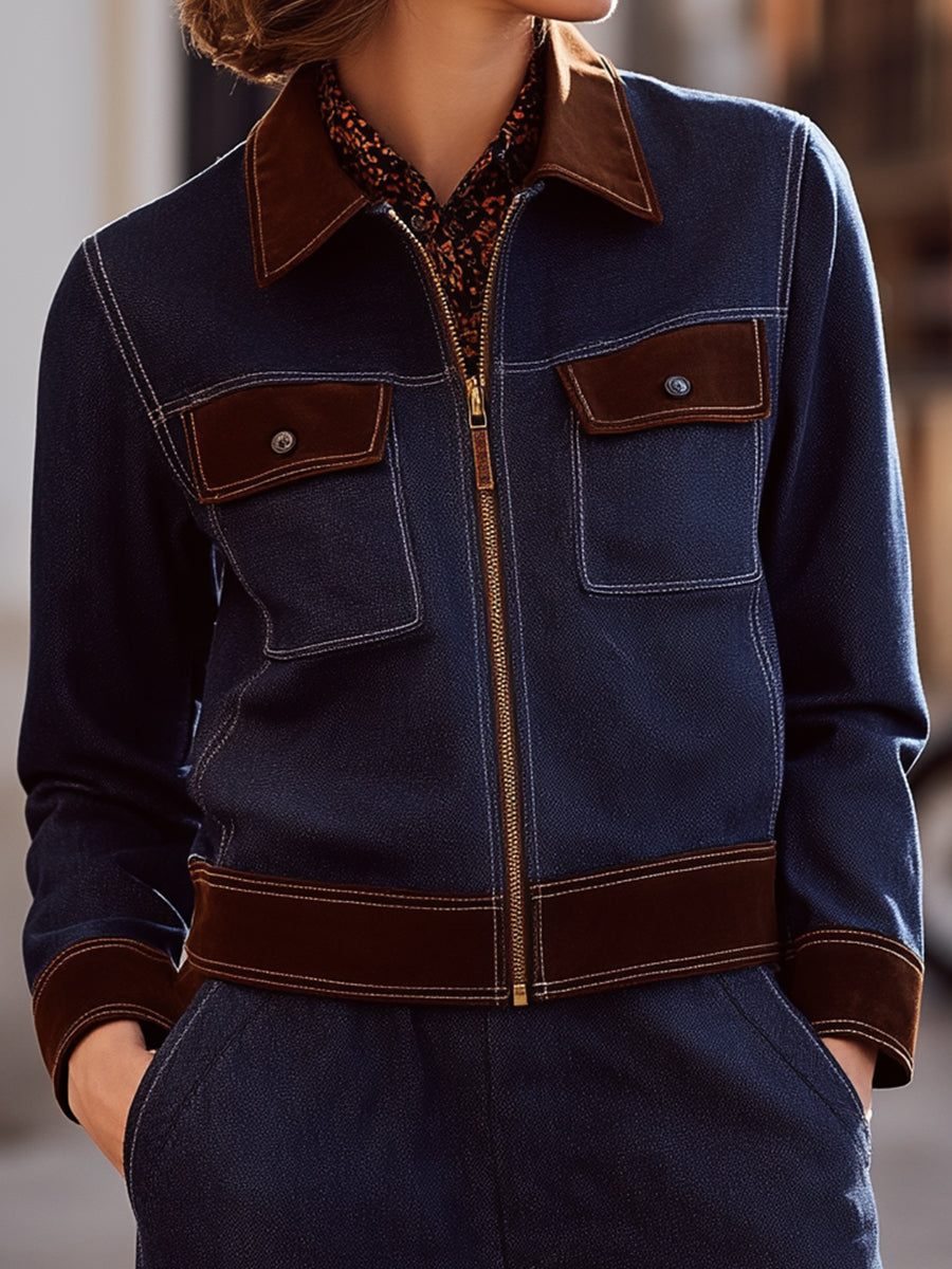 Contrast-Trim Denim Jacket And Wide-Leg Trousers Set