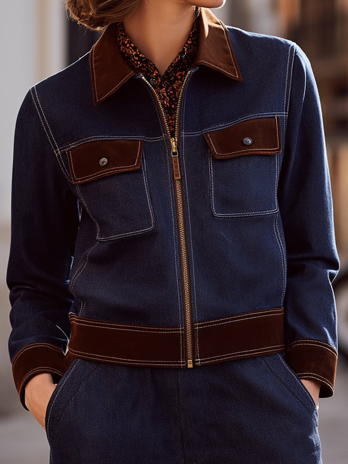 Contrast-Trim Denim Jacket And Wide-Leg Trousers Set