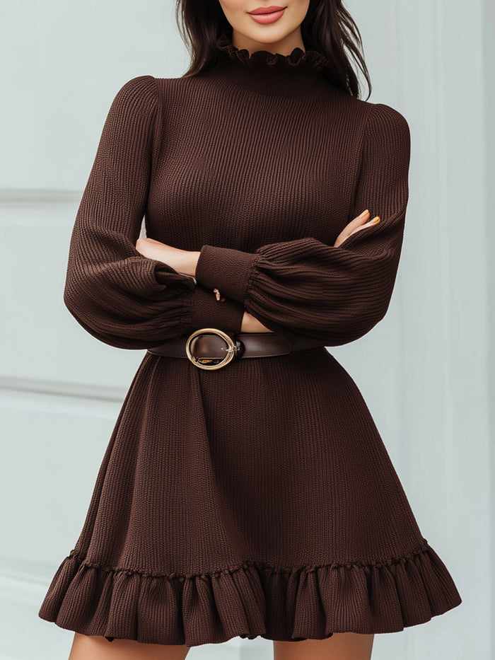 Brown Ruffle Collar Knit Dress With Belt