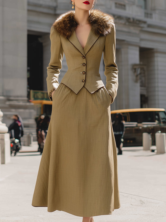 Slim-fit Fur Collar Top And A-line Skirt Set
