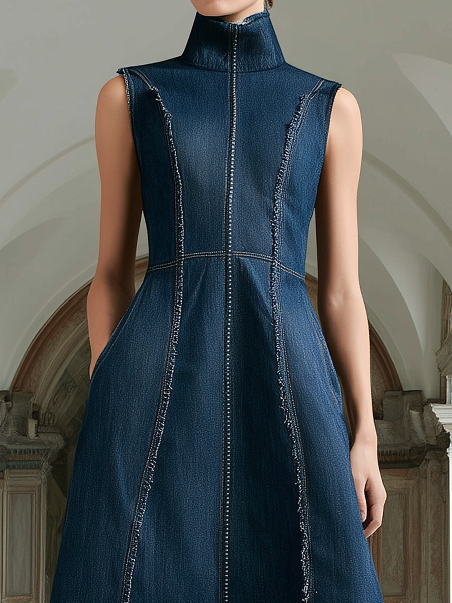 High-Neck Sleeveless Structured Denim Midi Dress