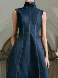 High-Neck Sleeveless Structured Denim Midi Dress