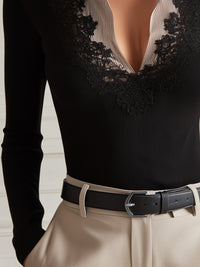 Lace-Inset Ribbed Knit Collared V-Neck Top