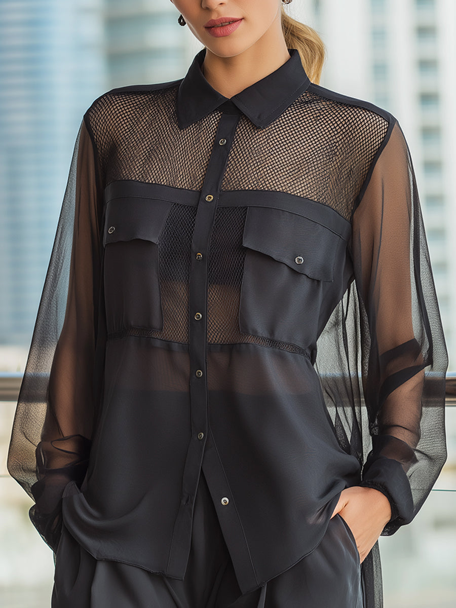 Black Sheer Mesh Panel Button-Down Blouse