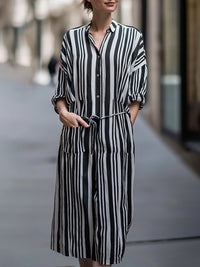 Vertical Stripe Belted Button-Front Midi Dress