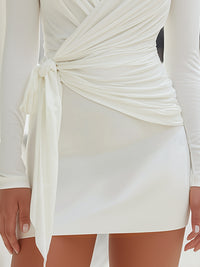 Long-Sleeve Draped Tie-Front Mini Dress