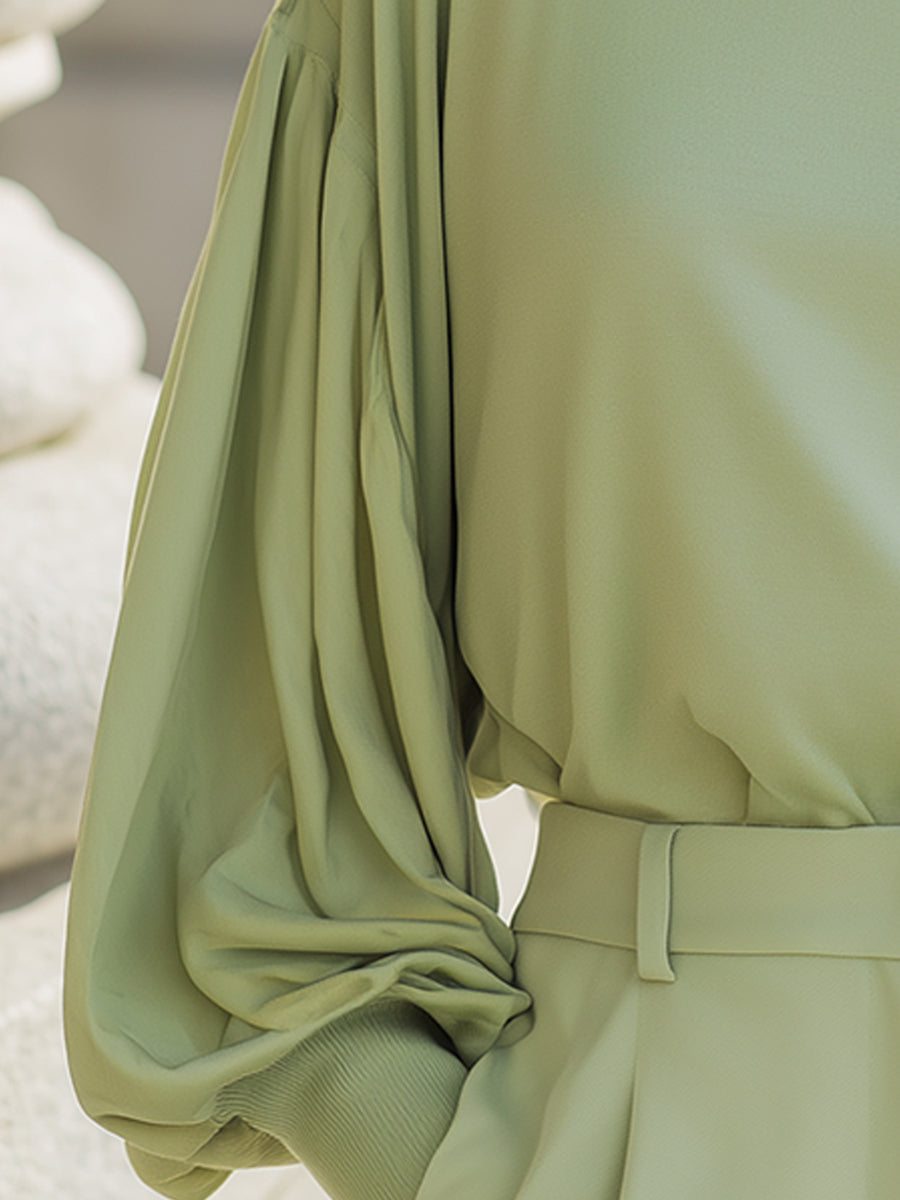 Pistachio Balloon-Sleeve Turtleneck Blouse