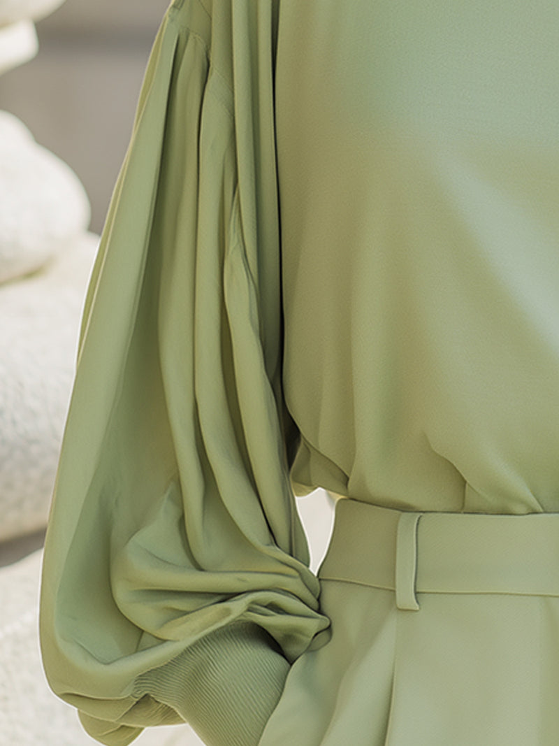 Pistachio Balloon-Sleeve Turtleneck Blouse