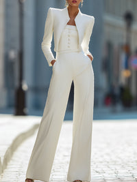 Ivory Three-Piece Tailored Set With Cropped Blazer
