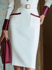 Belted Contrast-Trim Midi Dress