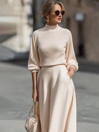 Cream Ribbed Knit Mock-Neck Midi Dress With A-Line Skirt