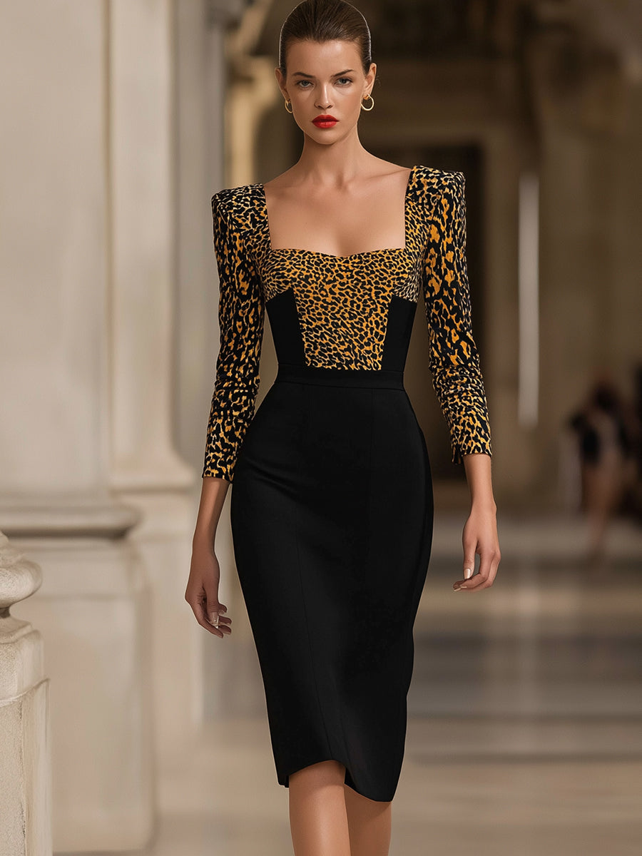 Leopard Panel Square-Neck Tailored Pencil Dress