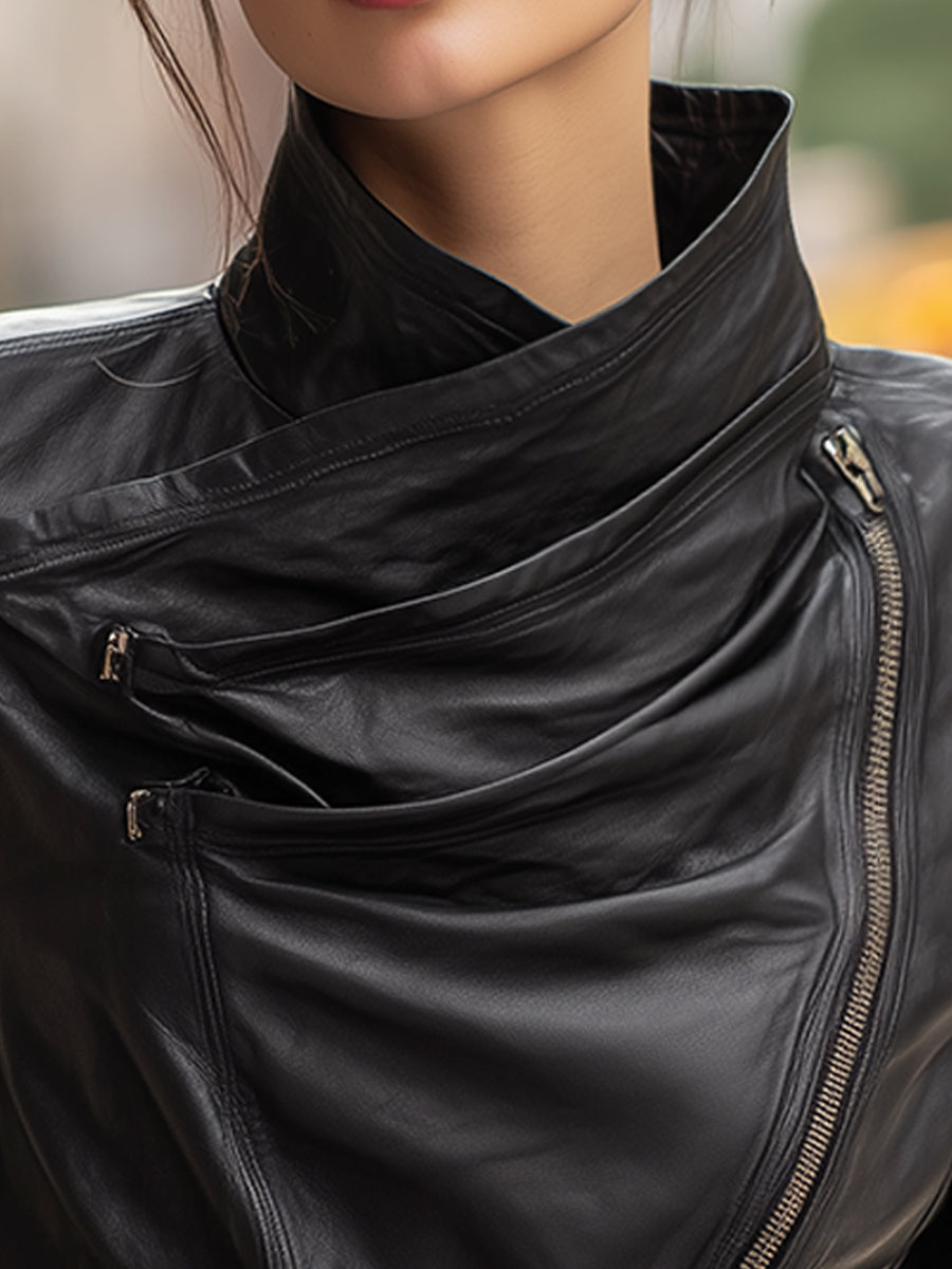Asymmetrical Draped Collar Faux Leather Moto Jacket