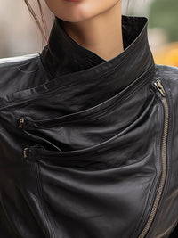 Asymmetrical Draped Collar Faux Leather Moto Jacket