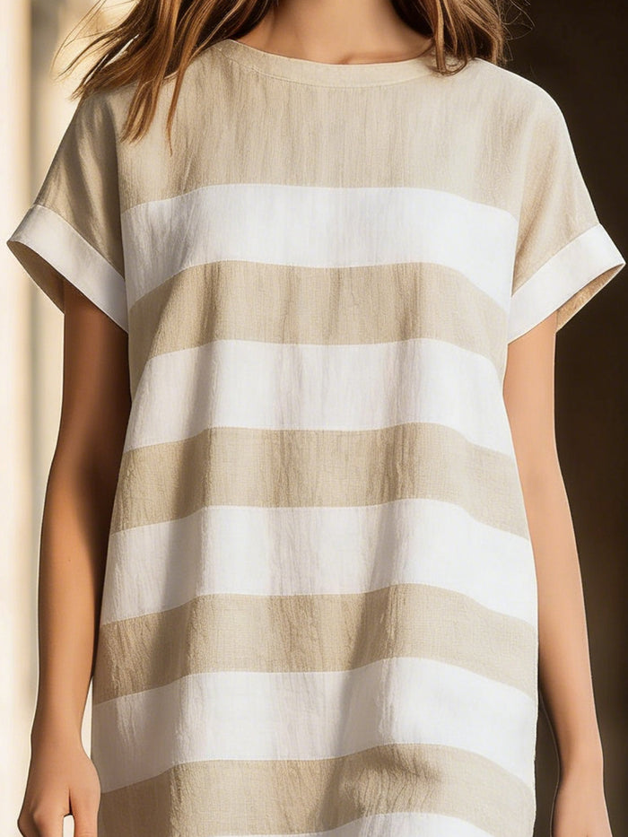 Neutral Striped Relaxed Short-Sleeve Shift Dress