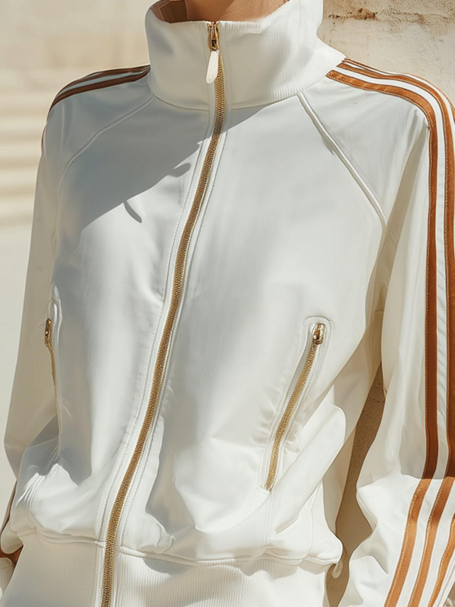White Track Jacket With Gold Zipper And Brown Stripes
