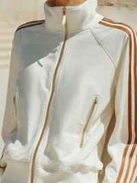 White Track Jacket With Gold Zipper And Brown Stripes