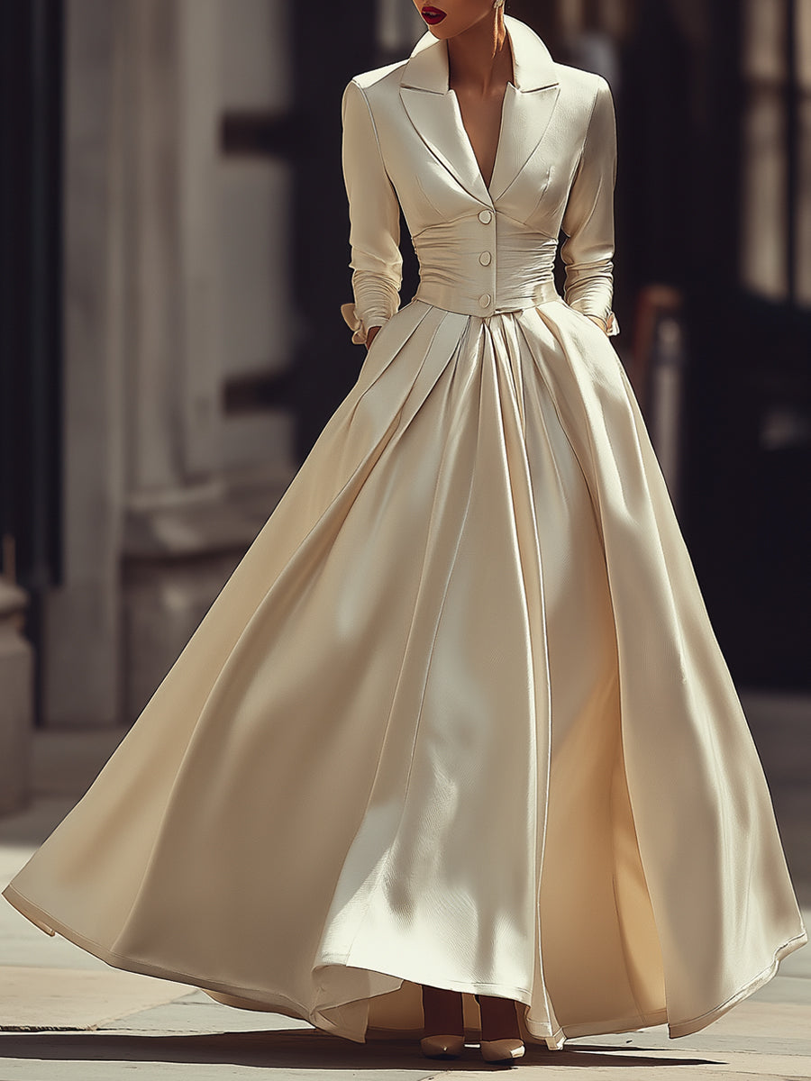 Satin Pleated Maxi Dress With Tailored Bodice
