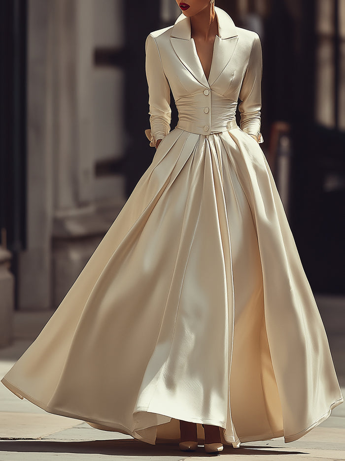 Satin Pleated Maxi Dress With Tailored Bodice