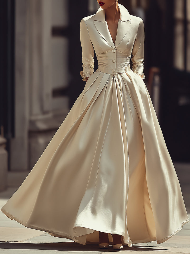Satin Pleated Maxi Dress With Tailored Bodice