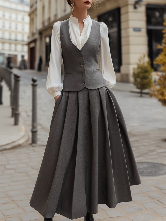 Structured Gray Tank, Pleated Maxi Skirt, And Off-White Base Three-Piece Set