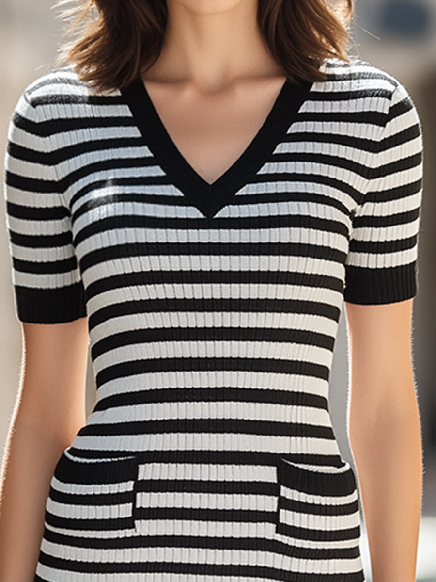Striped V-Neck Ribbed Knit Midi Dress