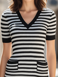 Striped V-Neck Ribbed Knit Midi Dress