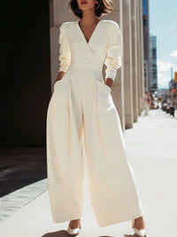 Elegant Wide-Leg Wrap Jumpsuit With Structured Sleeves