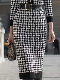 Houndstooth Knit Midi Dress With Gold Button Detail