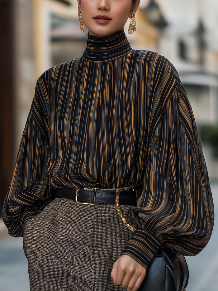 High-Neck Striped Lantern Sleeve Blouse