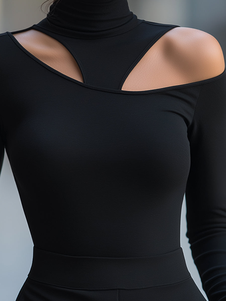 Cutout Shoulder Turtleneck Fitted Top
