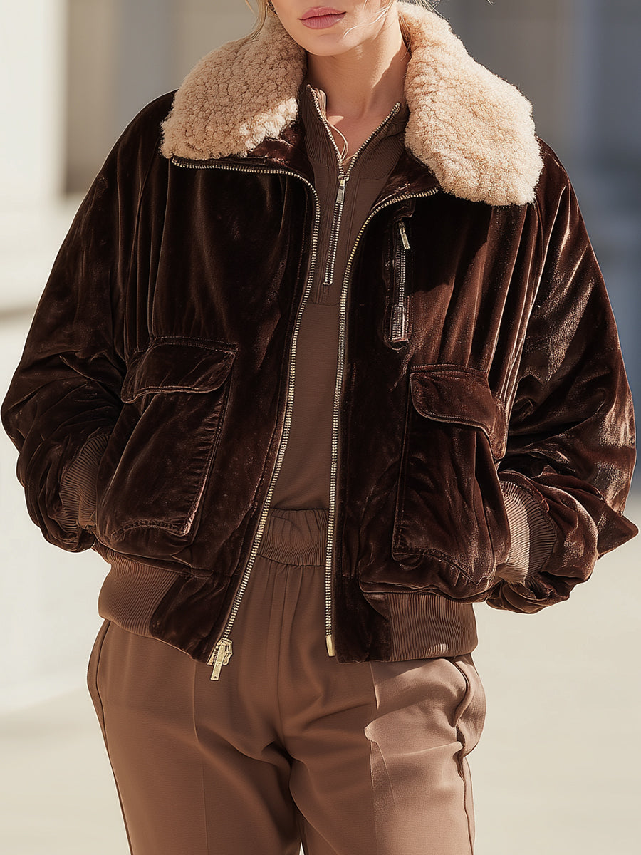 Chocolate Velvet Aviator Jacket With Faux Shearling Collar
