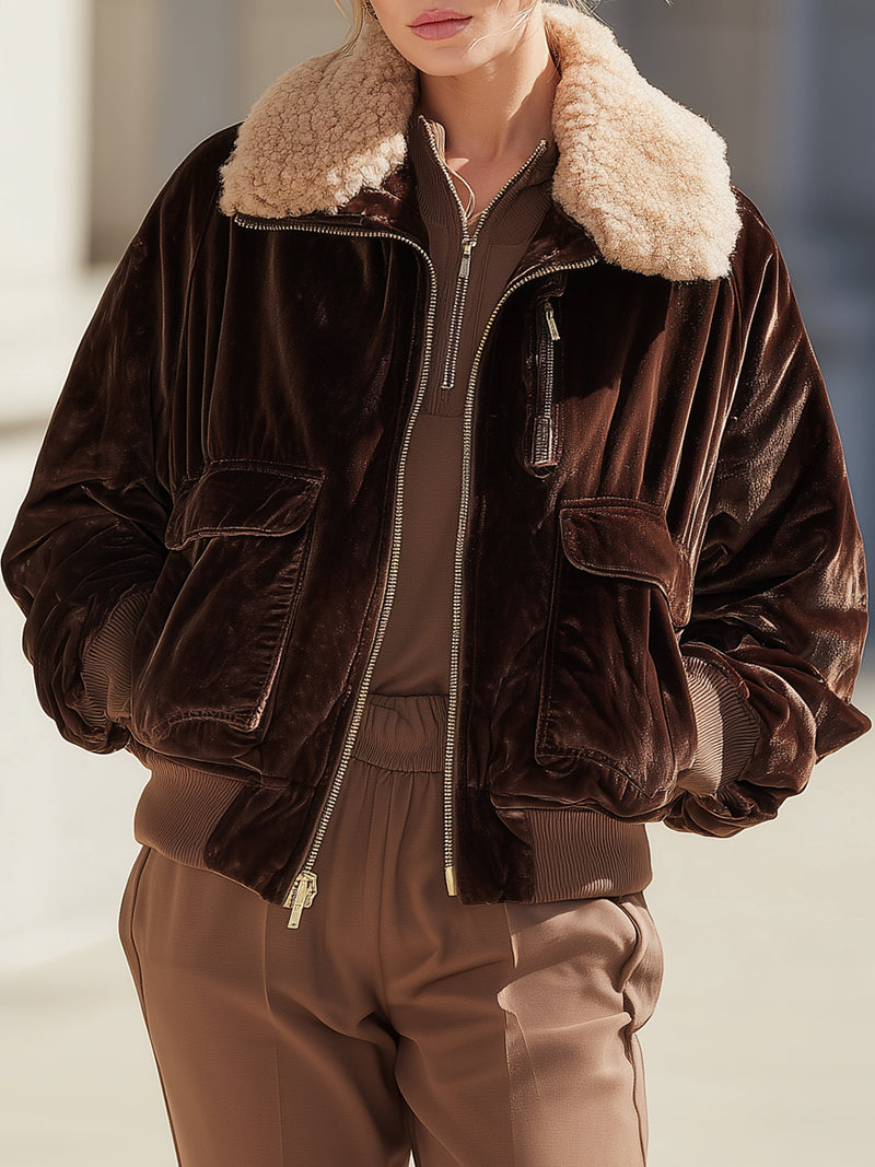 Chocolate Velvet Aviator Jacket With Faux Shearling Collar