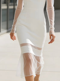 Sheer Panel Long-Sleeve Midi Dress