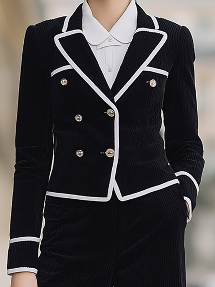 Double-Breasted Corduroy Trouser Suit With White Piping