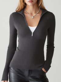 Half-Zip Ribbed Knit Long-Sleeve Top