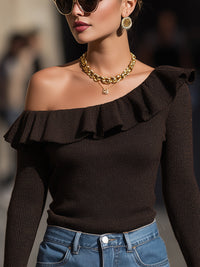 Off-Shoulder Ruffled Brown Knit Top