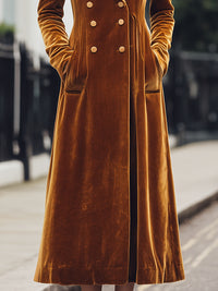 Vintage-Inspired Velvet Double-Breasted Long Coat