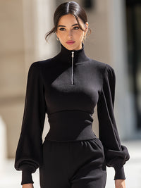 High-Neck Half-Zip Ribbed Top With Sculpted Waist