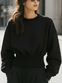 Black Rib-Waist Crewneck Sweatshirt