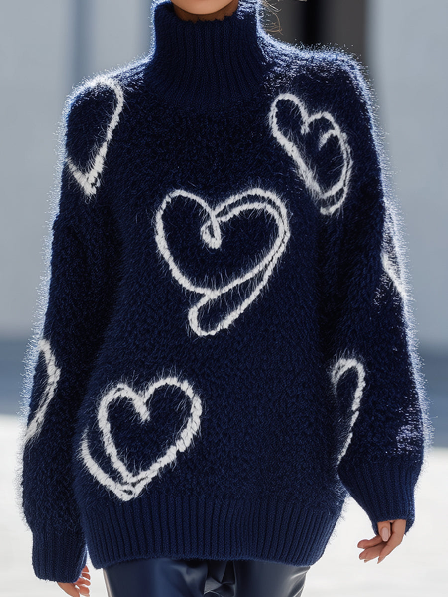 Cozy Heart Pattern Turtleneck Sweater