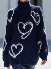 Cozy Heart Pattern Turtleneck Sweater